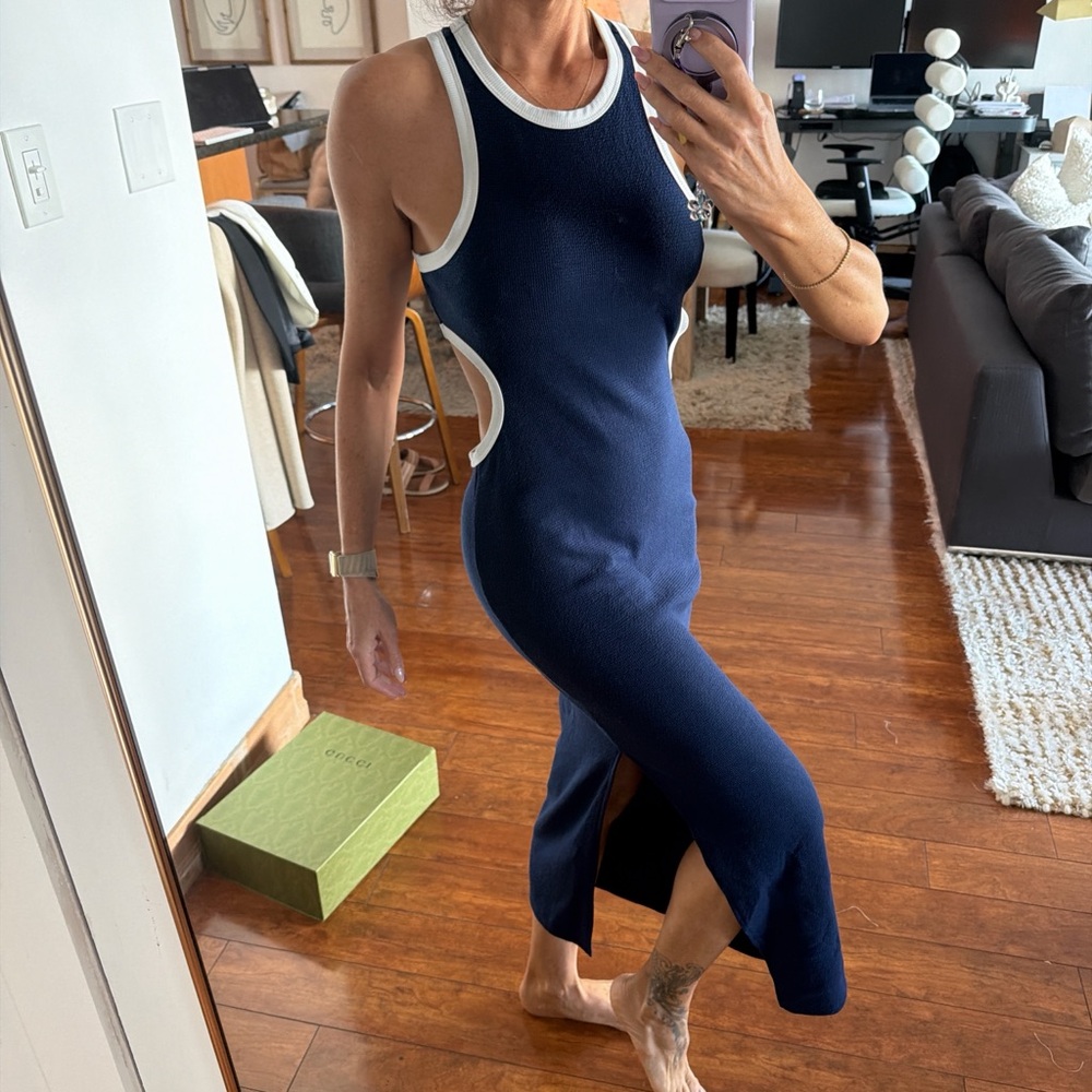 Navy Blue Sleeveless Dress with White Trim
